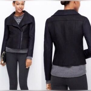 Ann Taylor Black Navy Diagonal Zip Lined Wool Blend Jacket Coat Women’s Size 4